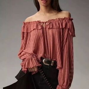By Anthropologie Sheer Striped Blouse Top plus XXL 2X NEW BOHO rose long sleeve